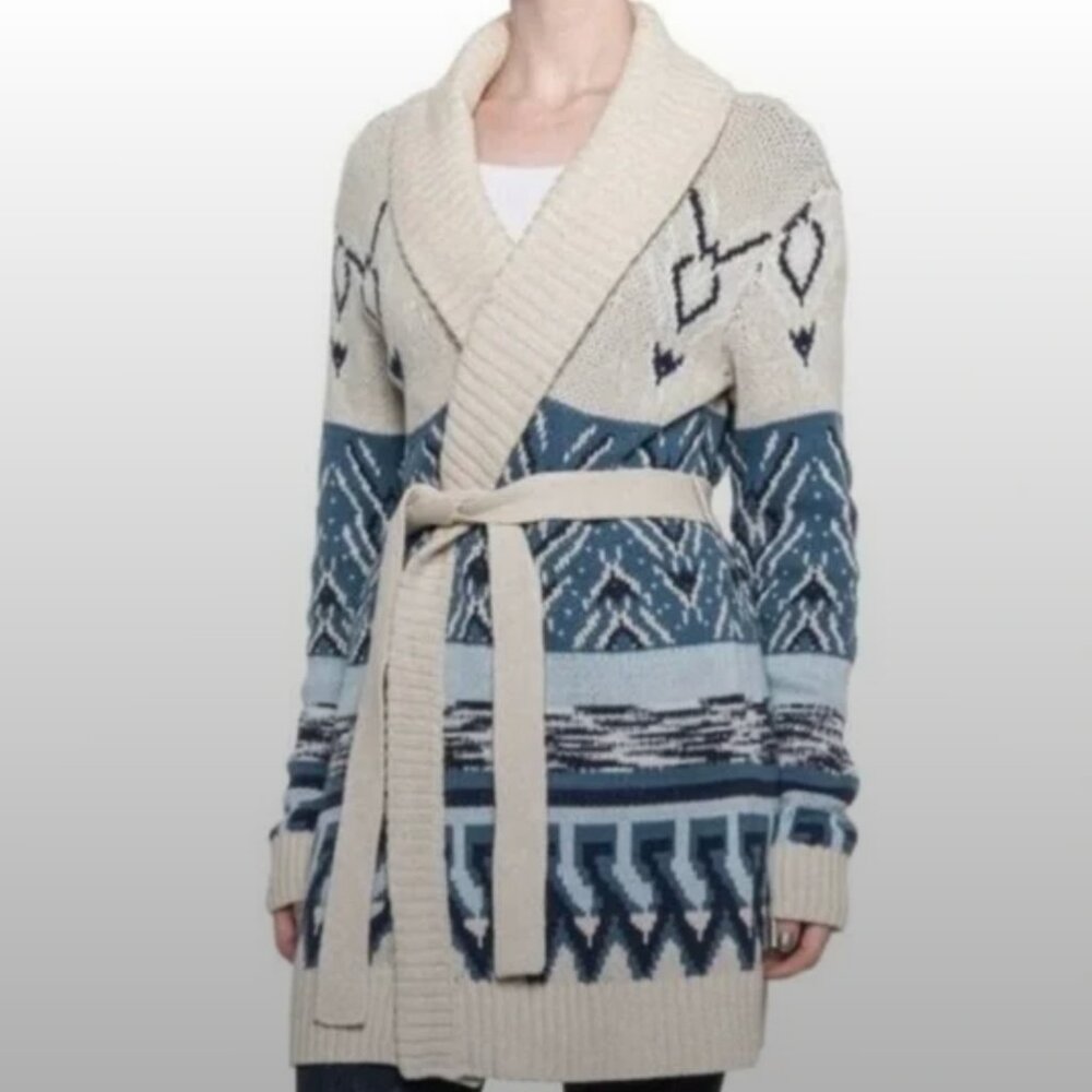 Lucky Brand Tribal Aztec Longline Open Cardigan Shawl Collar with Belt Boho